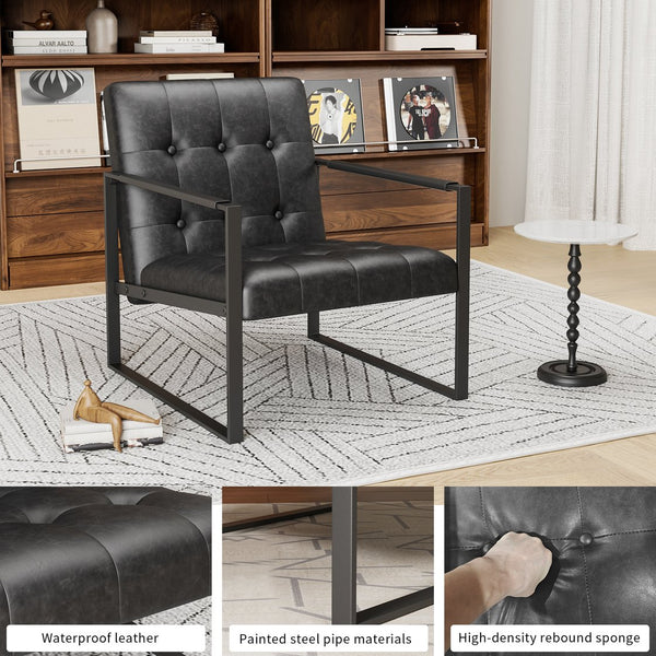 English Elm Accent Modern Upholstered Chair with Ottoman Black PU Linen, Plush Cushion, Metal Frame, Versatile Comfort for Living Room Office Bedside W578P357514