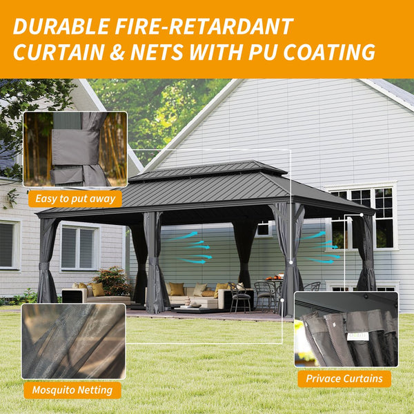 English Elm 14' X 24' Hardtop Gazebo - Durable Metal Canopy With Drainage, Insect Protection, And Privacy Curtains W1859S00155