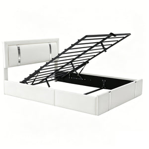 English Elm Queen Platform Bed Wingback Diamond Quilted Headboard Led Lighting Storage Drawers White W5722P462694
