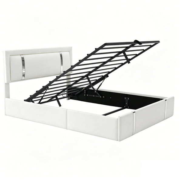 English Elm Queen Platform Bed Wingback Diamond Quilted Headboard Led Lighting Storage Drawers White W5722P462694