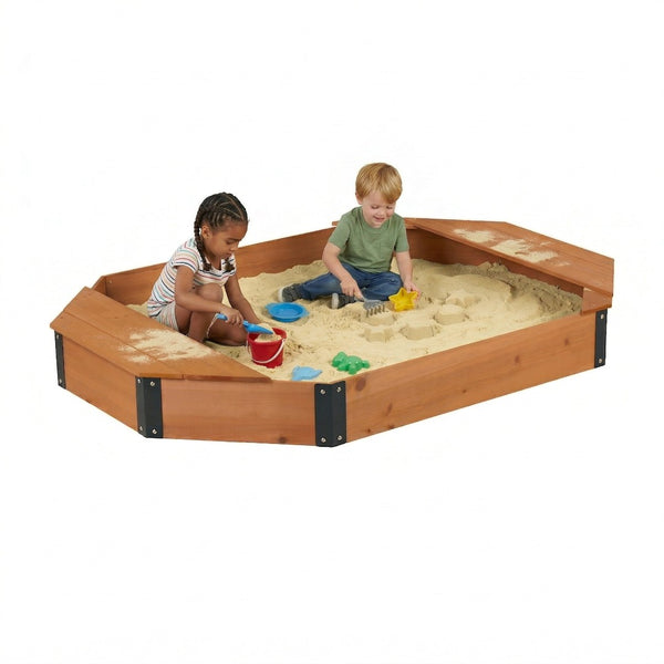 English Elm Octagon Solid Wood Sandbox with Built-in Bench Seating Cover and Liner for Backyard Play Reddish Brown W2640P470151