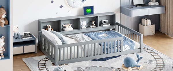 English Elm Wood Twin XL Floor Bed with Built-In Storage Cabinets, USB Charging Ports, Space-Saving Design Gray N709P205811E