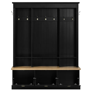 English Elm Farmhouse Hall Tree with Triple Arch Back Panel Eight Hooks Drawers and Entryway Bench Black N721S000062B