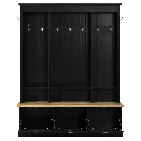 English Elm Farmhouse Hall Tree with Triple Arch Back Panel Eight Hooks Drawers and Entryway Bench Black N721S000062B