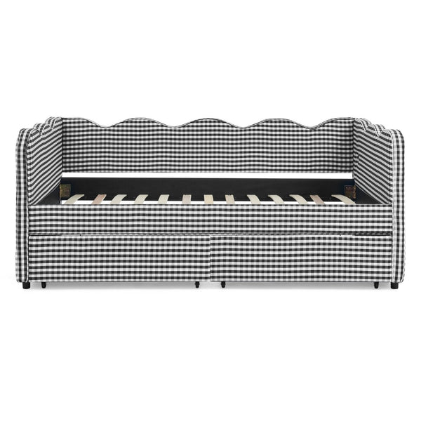 English Elm Twin Gingham Linen Daybed with Wave Silhouette Usb Port and Dual Storage Drawers Black W1413S00145