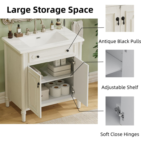 English Elm Christopher Knight Home® - 30 Inches Vintage Bathroom Vanity With Sink, Rustic Faux Aged Finish, Soft Close Doors & Storage Shelf N817P299472W