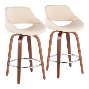 English Elm Fabrico Mid-Century Modern Counter Stool Set Of 2 - Walnut Wood, Cream Faux Leather, Chrome Footrest B202S00254