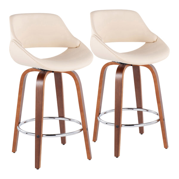 English Elm Fabrico Mid-Century Modern Counter Stool Set Of 2 - Walnut Wood, Cream Faux Leather, Chrome Footrest B202S00254