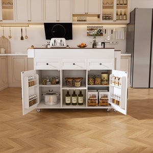 English Elm 74.8" Rolling Kitchen Island Extendable Marble Veneer Top with Power Outlet and Storage W2700S00105