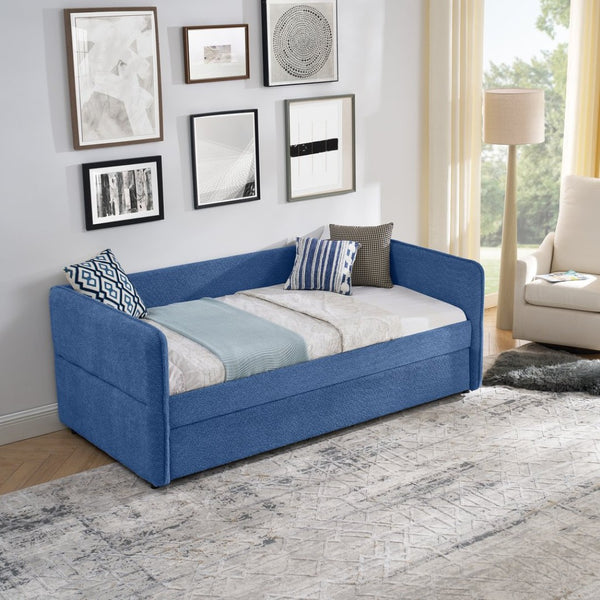 English Elm Daybed Boucle Upholstered Tufted Twin Trundle Sofa for Guest Bedroom Studio Lounge Blue W1413S00173