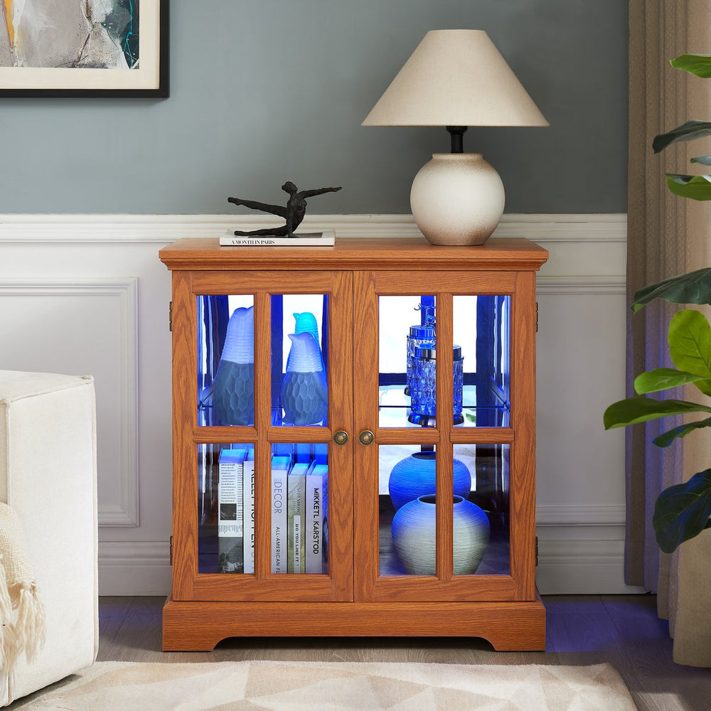 English Elm LED Antique Glass Display Cabinet with 7-Color Bluetooth LED, Adjustable Shelves, Vintage Lattice Doors, Remote Controlled Elegance Dark Oak W2275P292660
