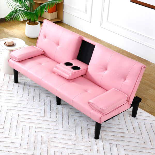 English Elm The 67-inch PVC multi-functional sofa bed with one-click fold, cup holders, sturdy wood frame for apartments Pink W3371P318142