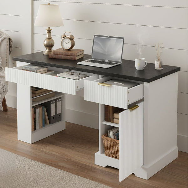 English Elm 55" Fluted White Computer Desk with Power Outlet Pegboard Cabinet and Keyboard Tray W2917P396008