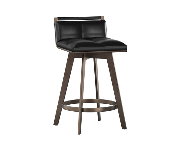 Sunpan ARIZONA Swivel Counter Stool - Art Deco Bravo Black Faux Leather with Antique Brass Legs, 360° Comfort 112550