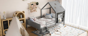 English Elm Full Bunk Bed with Trundle Bookshelf Storage Pine Frame Car Design for Kids Gray W1580S00296