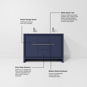 English Elm Navy Blue Double Bath Vanity With White Quartz Top, 43" Mirror & Ample Storage Solutions, 48" W B2731S01489