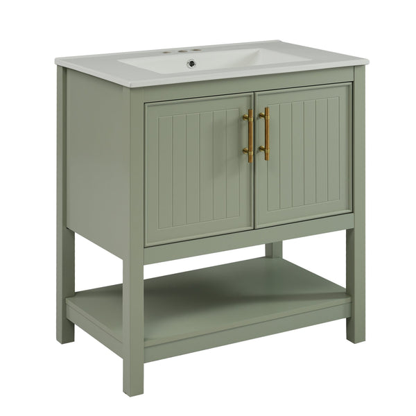 English Elm 30-Inch Green Bathroom Vanity With Ceramic Sink, Elegant Design, Smart Storage For Small Spaces WF325888AAF