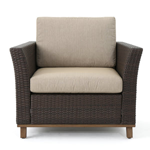 English Elm Christopher Knight Home® - GLENWOOD Single Sofa Brown PE Rattan Outdoor Armchair with Iron Frame, Waterproof Fabric, Compact 52.5" L x 33.15" W x 19.5" H 60773.00MBG