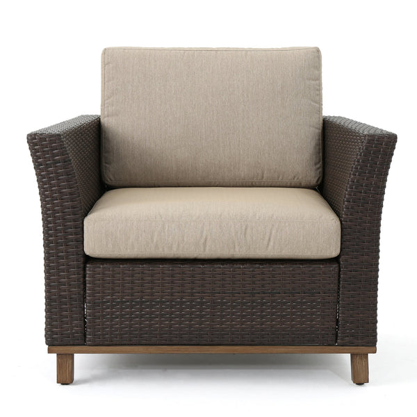 English Elm Christopher Knight Home® - GLENWOOD Single Sofa Brown PE Rattan Outdoor Armchair with Iron Frame, Waterproof Fabric, Compact 52.5" L x 33.15" W x 19.5" H 60773.00MBG