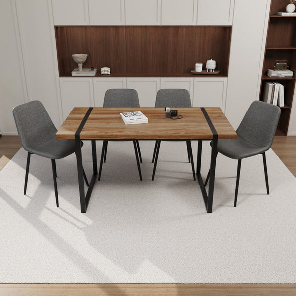 English Elm 59" Industrial Dining Set with Suede Chairs Matte Metal Base Mdf Table Seats Four Brown Grey W2189S00933