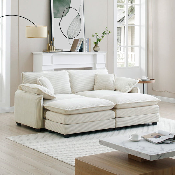 English Elm Two-Seater Theater Sofa In Plush Beige Corduroy With Ottoman - Perfect For Cozy Small Spaces! W714S00684-GIGA