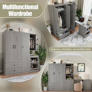 English Elm Multifunctional Wardrobe Cabinet with Fold Out Desk Hanging Rod and Storage Drawers Gray W1580S00476