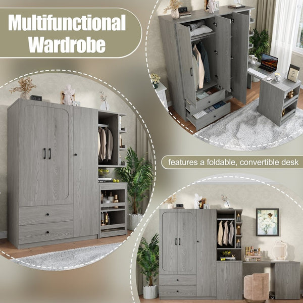 English Elm Multifunctional Wardrobe Cabinet with Fold Out Desk Hanging Rod and Storage Drawers Gray W1580S00476