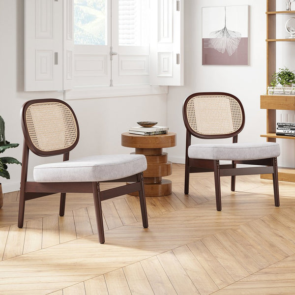 English Elm Rattan Mid-Century Accent Chair with Handcrafted Rattan Back, Solid Wood Frame, Comfortable Velvet Seat Beige T3623P409097