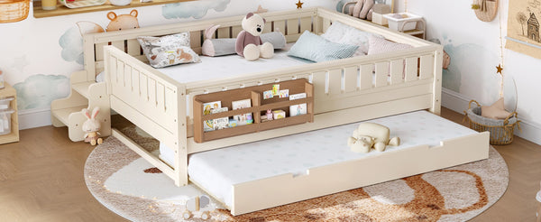 English Elm Queen Bunk Bed with Trundle Solid Pine Kids Car Themed Frame Built-in Bookshelf Beige W1580S00562