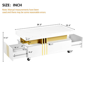 English Elm Faux Marble Rectangular Coffee Table with Gold Bars Drawers and Caster Wheels White WF305961AAK