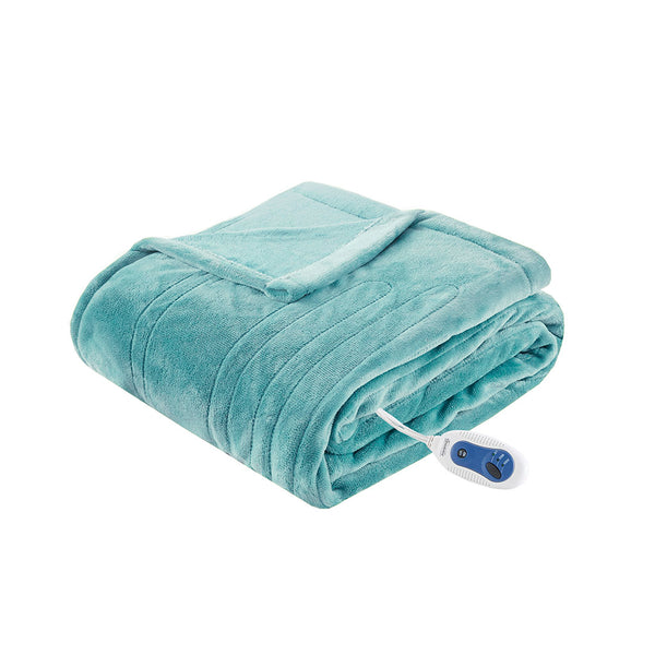 JLA Home Beautyrest - Throw Oversized Heated Throw with Secure Comfort Tech, Low EMF, Ultra-Soft Plush, 3 Heat Settings, 5-Year Warranty Aqua BR54-1923