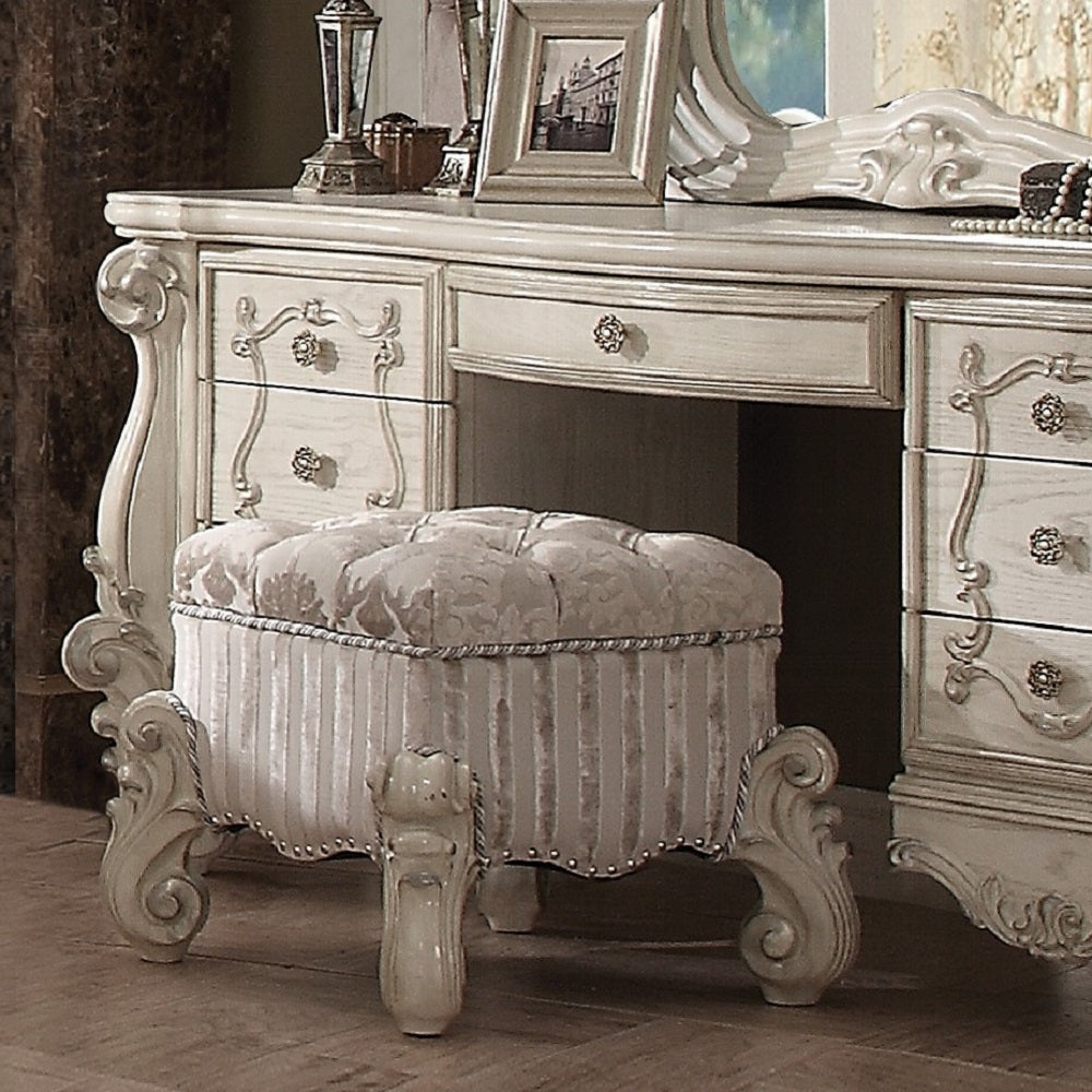 English Elm Ivory Luxurious Button-Tufted Vanity Stool with Nailhead Trim, Scrolled Base, Welted Seat — Elegant B062P209000