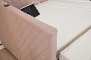 English Elm Twin Velvet Upholstered Daybed with Trundle, V-Pattern Backrest, USB Port, Side Pockets, Sturdy Design Pink W1361S00042