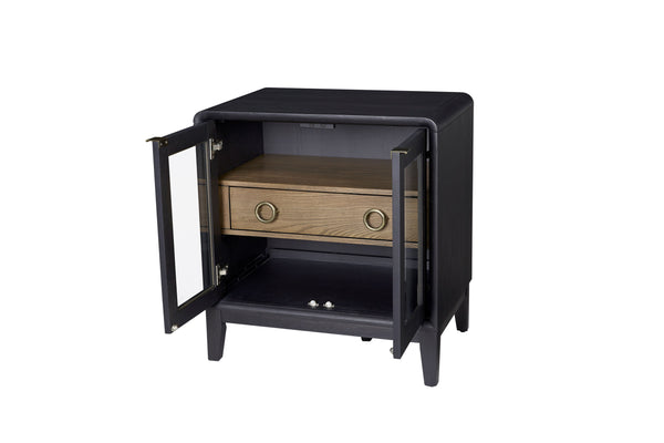 English Elm Glass Door Nightstand in Black Solid Wood & MDF with Tempered Glass Doors, Drawer, Sleek Finish B2699P237491