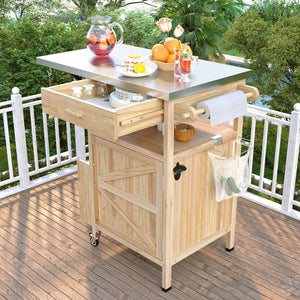English Elm K&K 40.5" Outdoor Grill Cart with 201 Stainless Top, Solid Fir Storage, Drop Leaf & Lockable Wheels Natural N707P228272Y