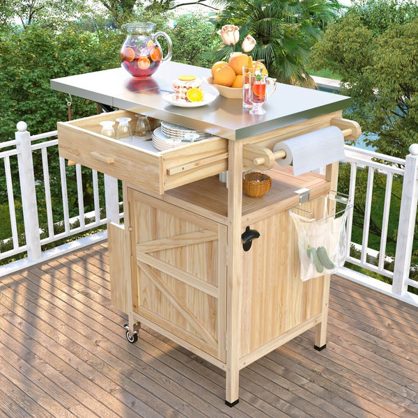 English Elm K&K 40.5" Outdoor Grill Cart with 201 Stainless Top, Solid Fir Storage, Drop Leaf & Lockable Wheels Natural N707P228272Y