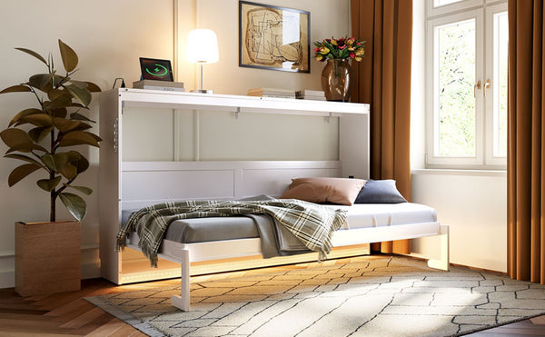 English Elm Twin-size Murphy Wall Bed with Led Lighting Usb Outlet and Decorative Printed Panel White LP000355AAK