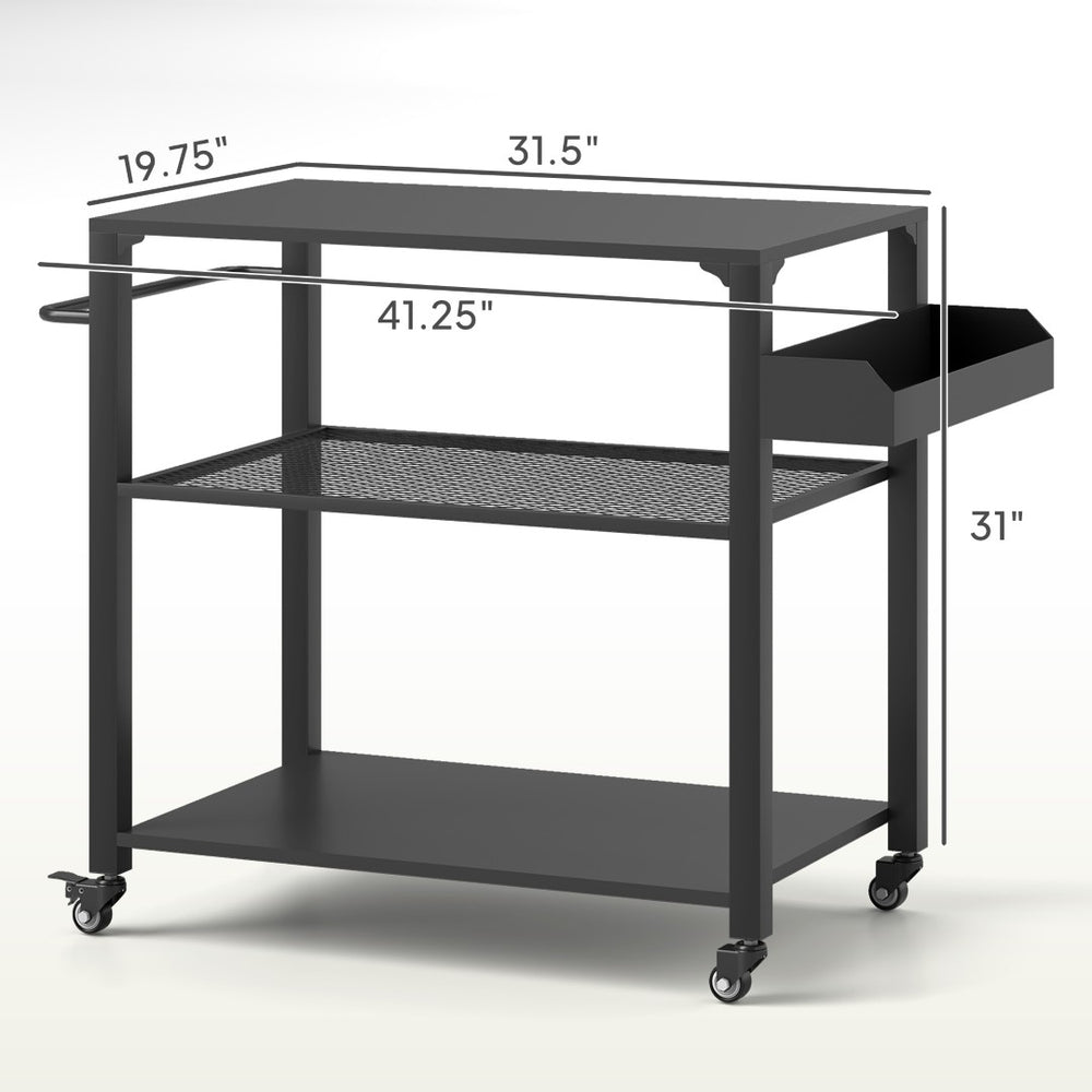 English Elm Movable Powder Coated Steel Grill Cart with Three Tier Storage and Locking Swivel Casters T3971P425267