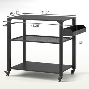 English Elm Movable Powder Coated Steel Grill Cart with Three Tier Storage and Locking Swivel Casters T3971P425267