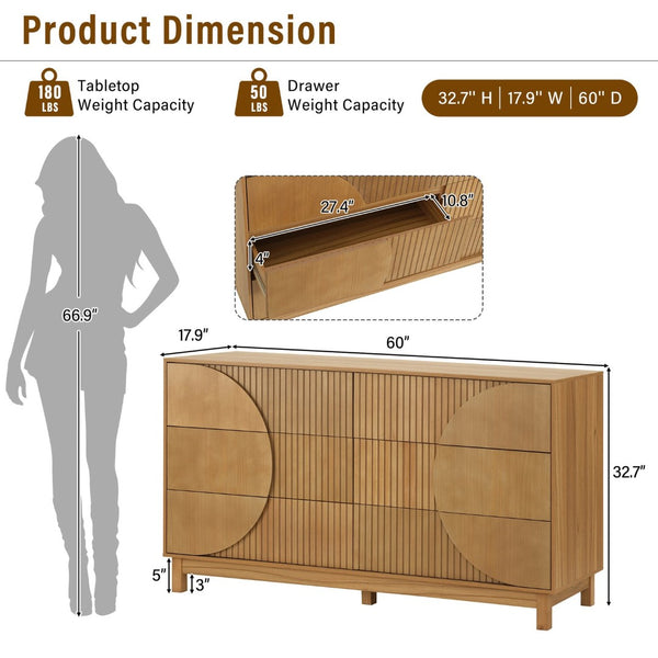 English Elm Modern Fluted 6 Drawer Dresser with Solid Wood Legs Japandi Chest for Bedroom Brown N739S0000015N