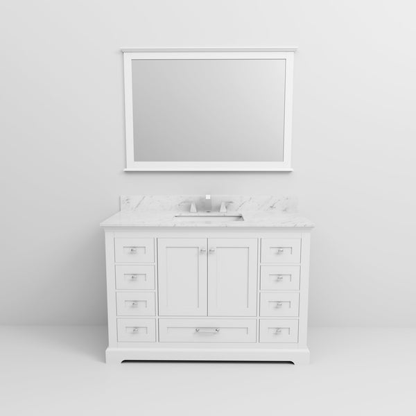 English Elm White Single Bath Vanity 48 in. with Carrara Marble Top, Chrome Faucet, 46 in. Mirror, Scratch-Resistant Surface B2731S01234