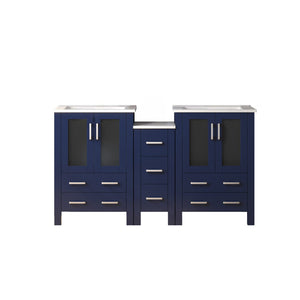 English Elm Navy Double Bath Vanity 60" W with Side Cabinet & White Ceramic Top — Solid Wood, Soft-Close, Durable Storage B2731S00611