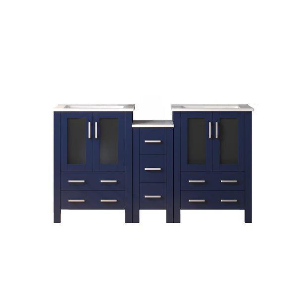 English Elm Navy Double Bath Vanity 60" W with Side Cabinet & White Ceramic Top — Solid Wood, Soft-Close, Durable Storage B2731S00611