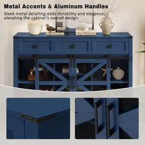 English Elm U_style Industrial Sideboard with Sliding Barn Doors Iron Mesh Panels and Three Drawers Navy Blue N711P347384V