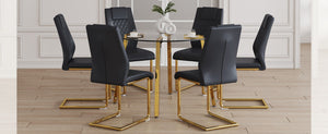 English Elm Table Set - Modern Minimalist Round Clear Glass Table With Black Pu Leather Chairs & Gold Legs W1151S01714-GIGA