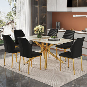 English Elm Table and Chair Set Marble Glass Top Six Seats Gold Legs Modern Dining Room W1151S04543