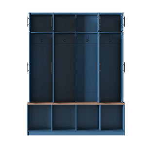 English Elm Farmhouse Hall Tree with Triple Arch Back Panel Eight Hooks Drawers and Entryway Bench Blue N721S000059C-1