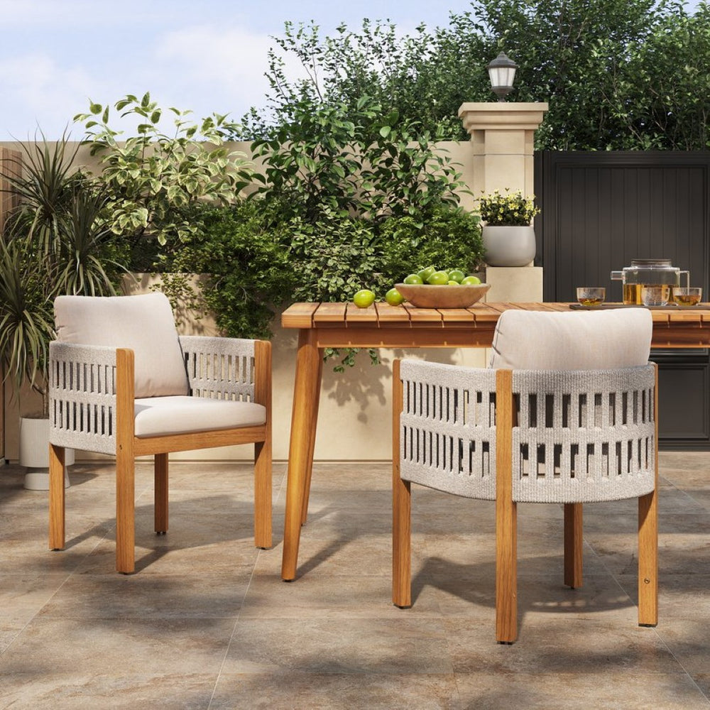 English Elm Acacia Wood Outdoor Dining Chair Set with Rope Arms and Waterproof Cushions N779P279983H
