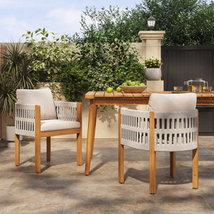 English Elm Acacia Wood Outdoor Dining Chair Set with Rope Arms and Waterproof Cushions N779P279983H