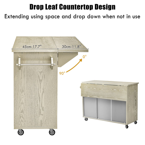 English Elm K&K Farmhouse Kitchen Island with 3D Wave Stripes Ash Veneer, Drop Leaf, Rolling Cart Storage Champagne N707P207916X